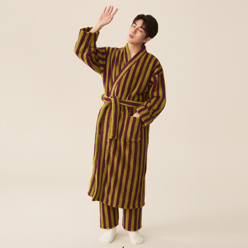 Striped Fleece Bathrobe, Soft Plush Robe, Unisex Loungewear, Indoor Outdoor