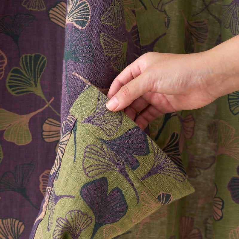 Cotton Gauze Kimono Robe with Ginkgo Leaf Pattern