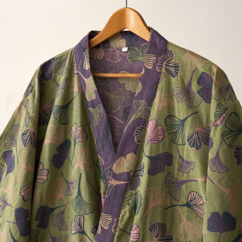 Cotton Gauze Kimono Robe with Ginkgo Leaf Pattern