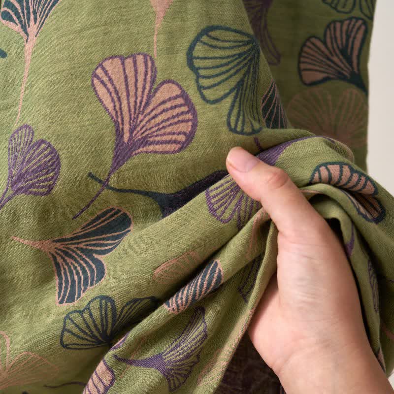 Cotton Gauze Kimono Robe with Ginkgo Leaf Pattern