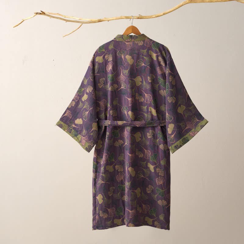 Cotton Gauze Kimono Robe with Ginkgo Leaf Pattern