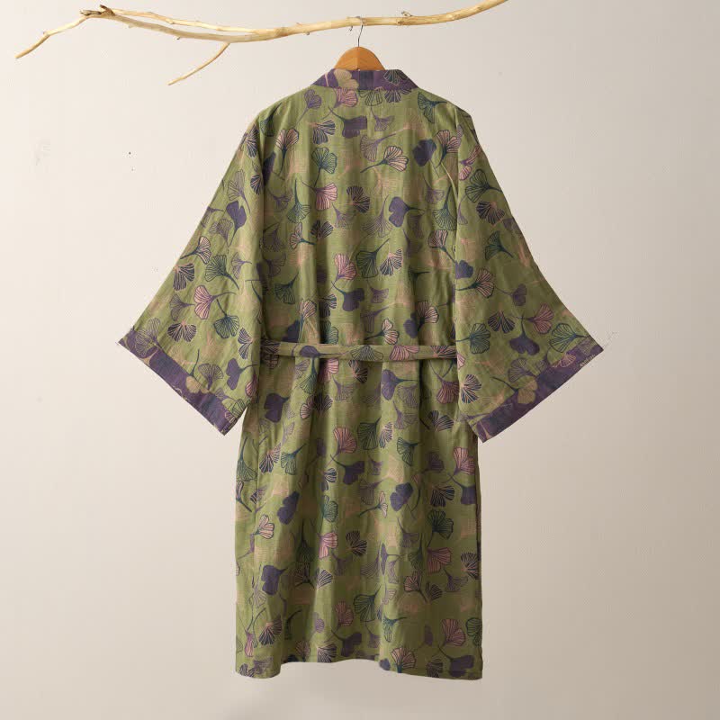 Cotton Gauze Kimono Robe with Ginkgo Leaf Pattern