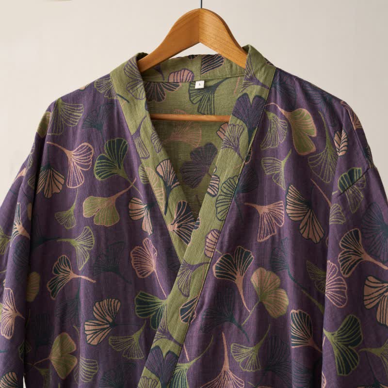 Cotton Gauze Kimono Robe with Ginkgo Leaf Pattern