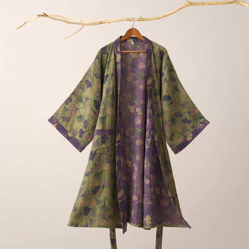 Cotton Gauze Kimono Robe with Ginkgo Leaf Pattern