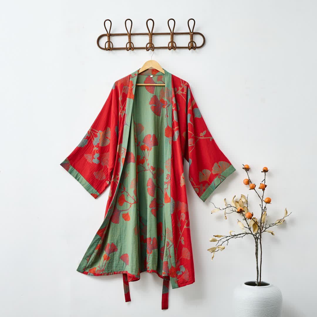 Reversible Organic Cotton Gauze Kimono Robe for Lounge