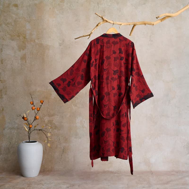 Cotton Gauze Kimono Robe with Ginkgo Leaf Pattern