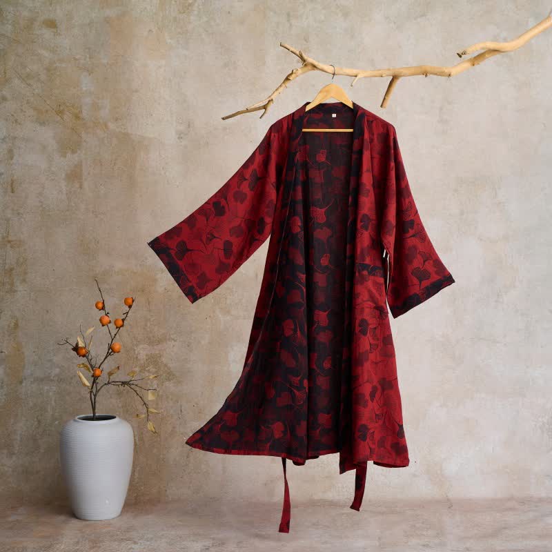 Cotton Gauze Kimono Robe with Ginkgo Leaf Pattern