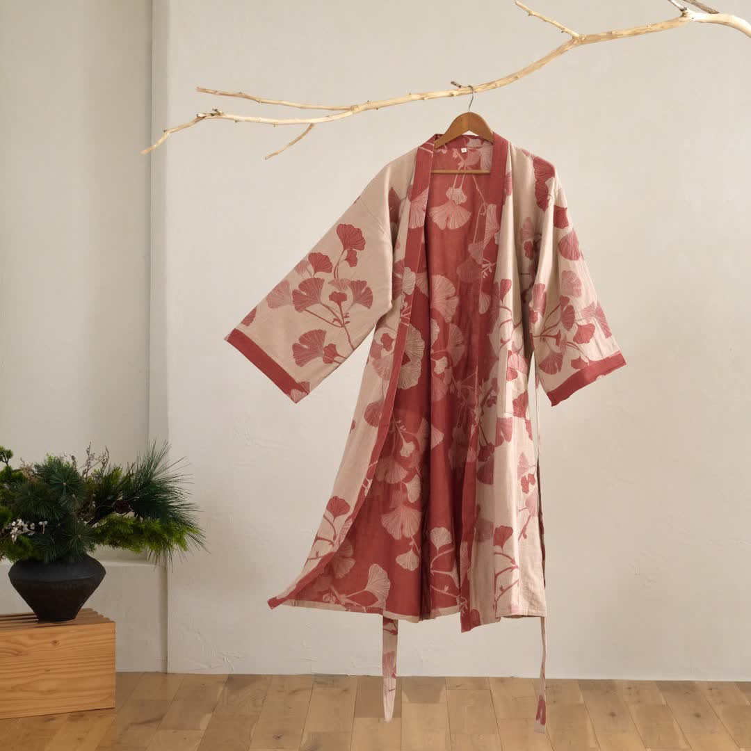 Reversible Cotton Gauze Kimono Robe with Ginkgo Print