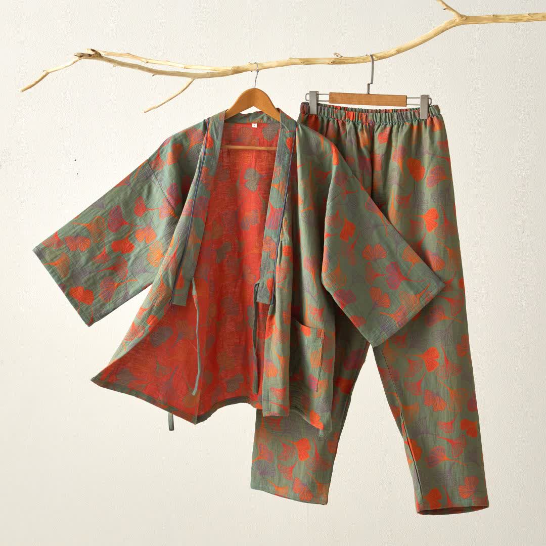 Cotton Gauze Kimono Loungewear Set with Ginkgo Pattern