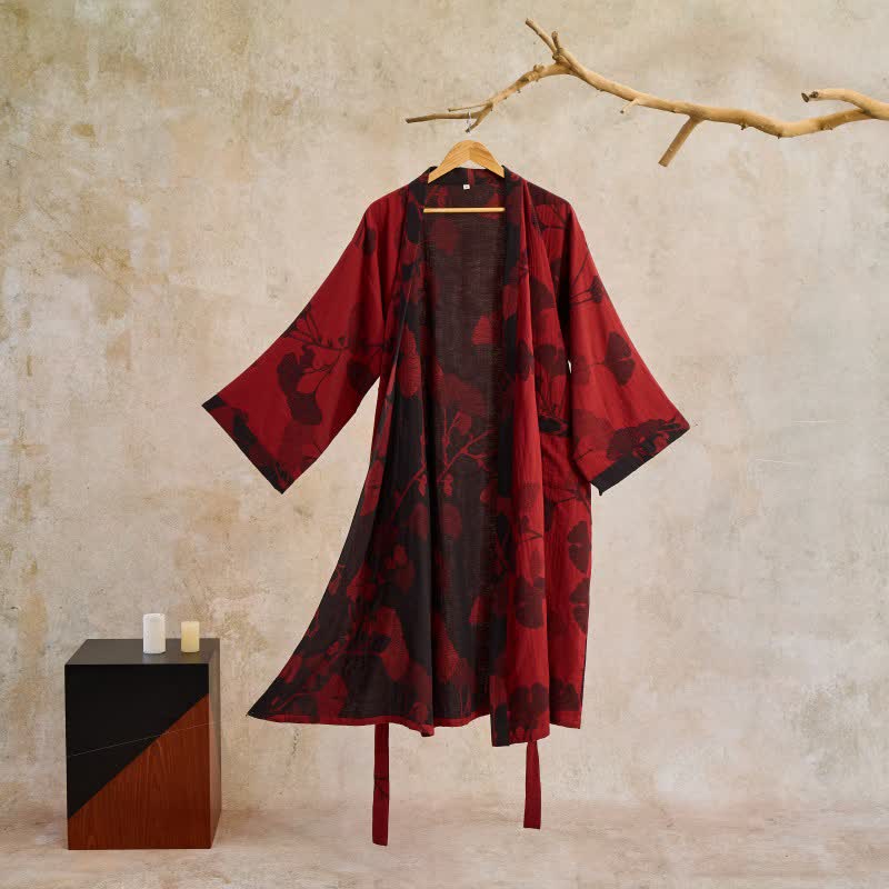 Reversible Cotton Gauze Kimono Robe with Ginkgo Print