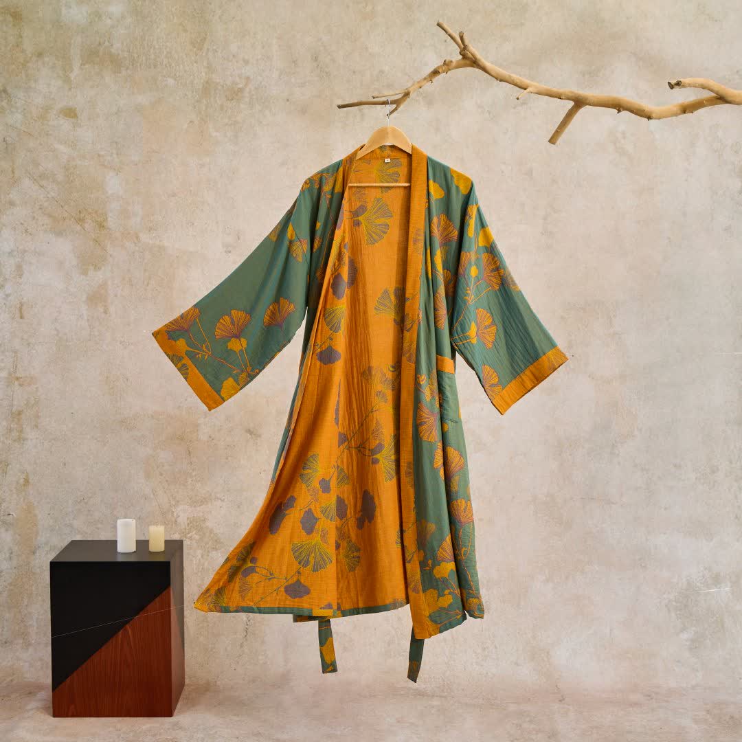 Reversible Cotton Gauze Kimono Robe with Ginkgo Print