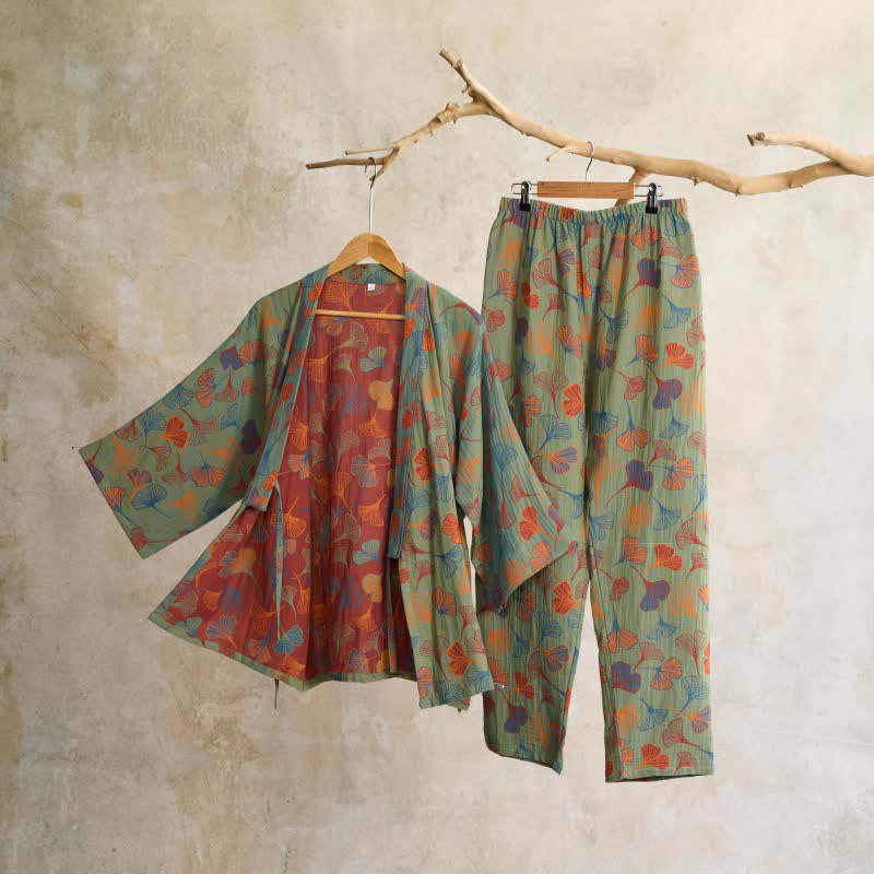 Cotton Gauze Kimono Loungewear Set with Ginkgo Pattern