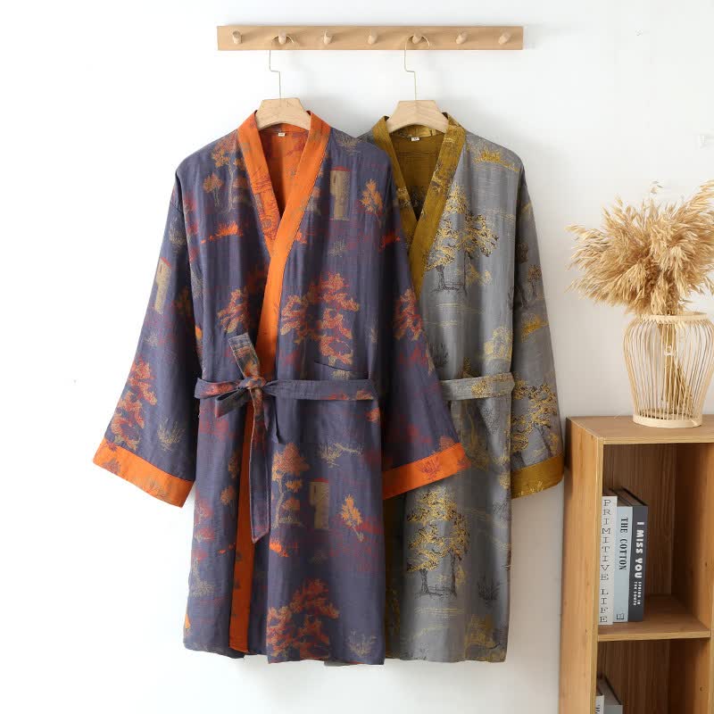 Breathable Cotton Gauze Kimono Bathrobe for Lounge Wear