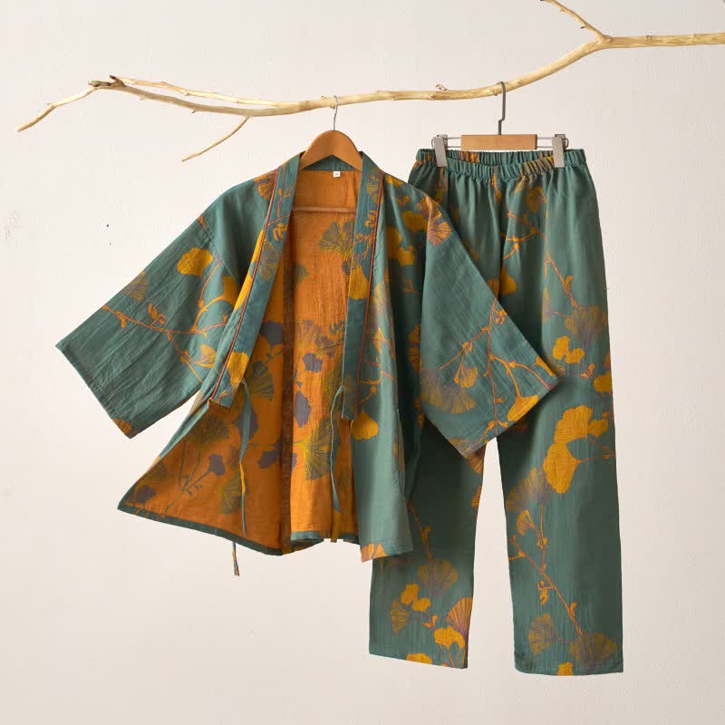 Cotton Kimono Pajama Set with Ginkgo Leaf Pattern