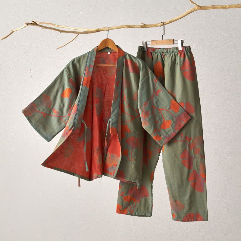 Cotton Kimono Pajama Set with Ginkgo Leaf Pattern