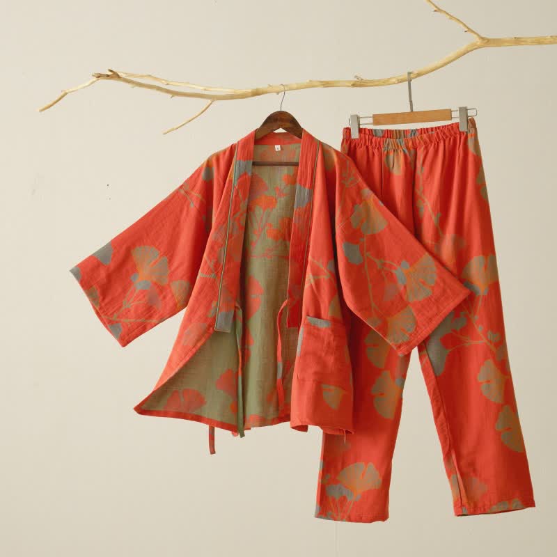 Cotton Kimono Pajama Set with Ginkgo Leaf Pattern