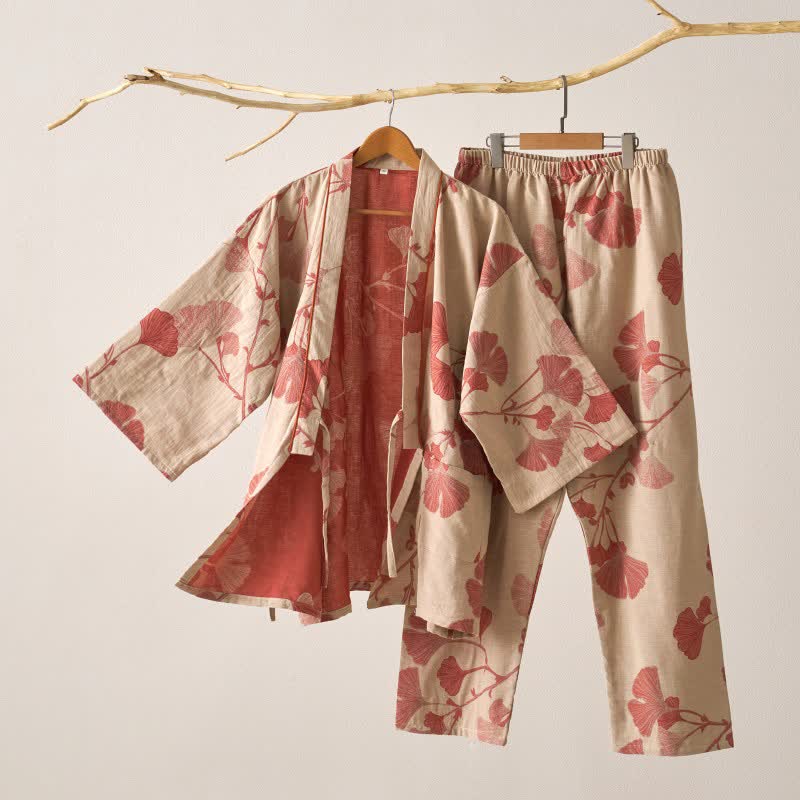 Cotton Kimono Pajama Set with Ginkgo Leaf Pattern