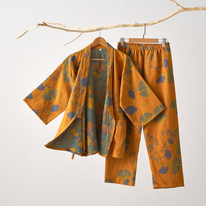 Cotton Kimono Pajama Set with Ginkgo Leaf Pattern