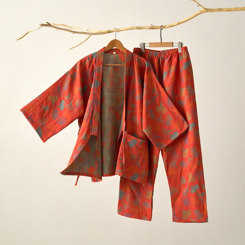 Cotton Gauze Kimono Loungewear Set with Ginkgo Pattern