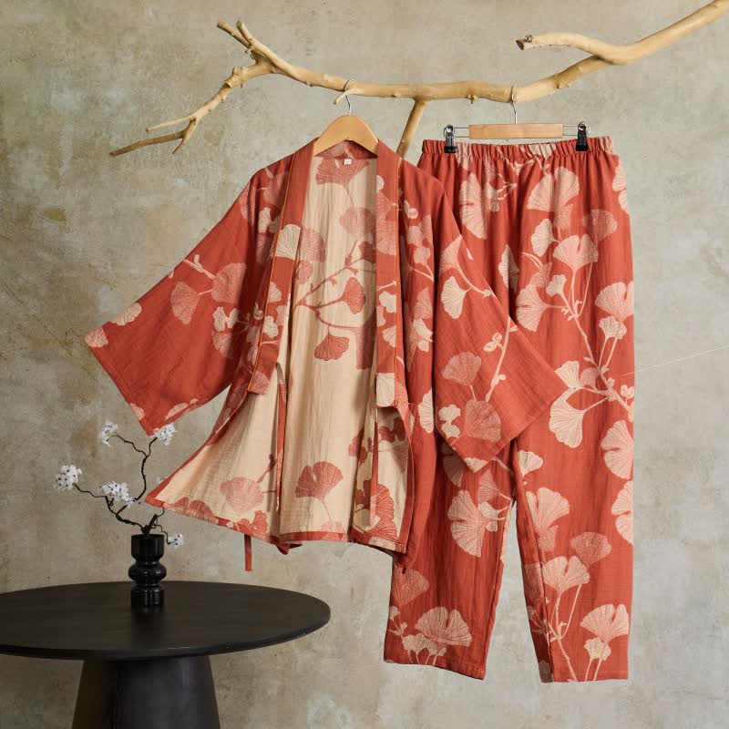 Cotton Kimono Pajama Set with Ginkgo Leaf Pattern