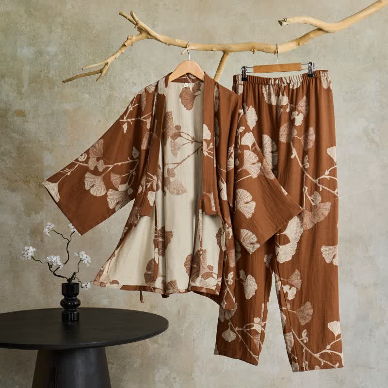 Cotton Kimono Pajama Set with Ginkgo Leaf Pattern