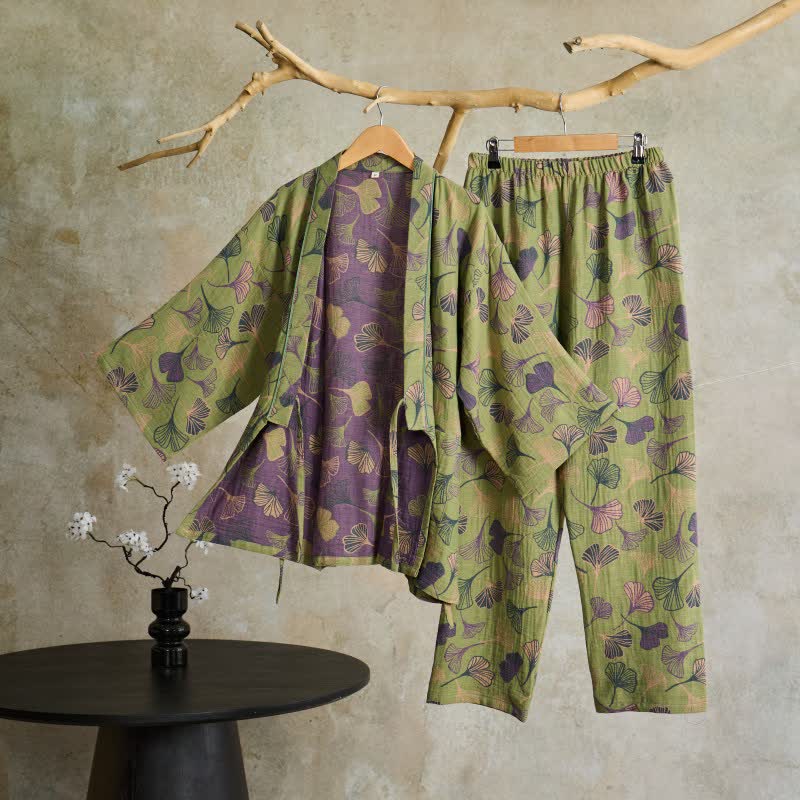 Cotton Gauze Kimono Loungewear Set with Ginkgo Pattern