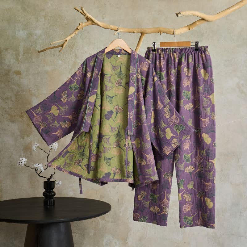 Cotton Gauze Kimono Loungewear Set with Ginkgo Pattern