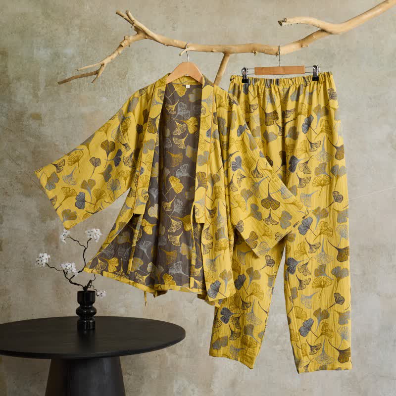 Cotton Gauze Kimono Loungewear Set with Ginkgo Pattern