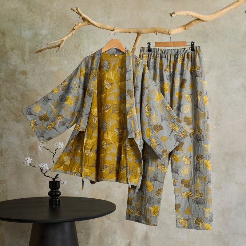 Cotton Gauze Kimono Loungewear Set with Ginkgo Pattern