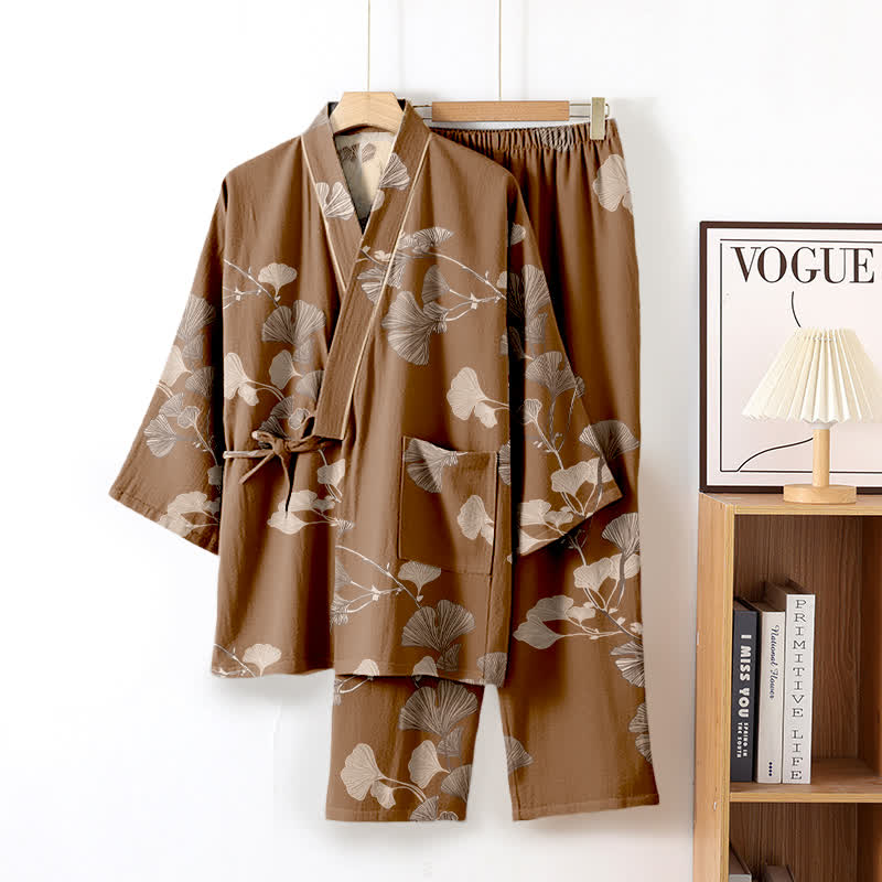 Cotton Kimono Pajama Set with Ginkgo Leaf Pattern