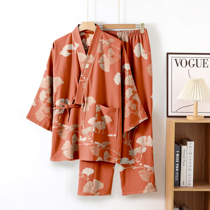 Cotton Kimono Pajama Set with Ginkgo Leaf Pattern