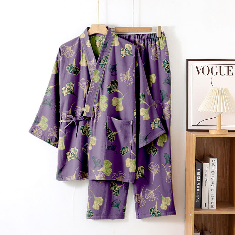 Cotton Gauze Kimono Loungewear Set with Ginkgo Pattern