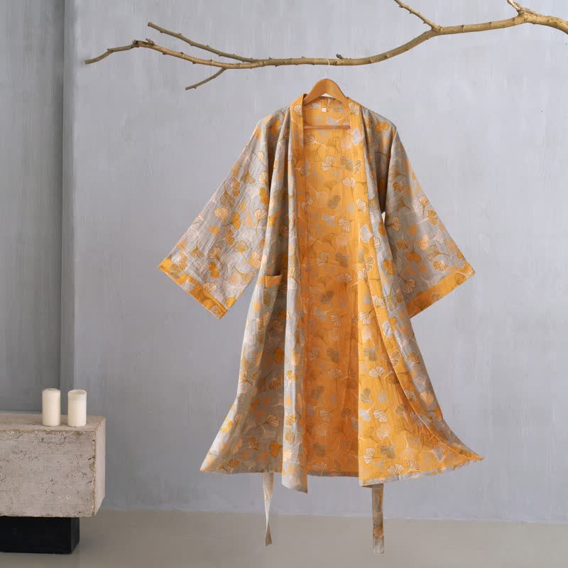 Cotton Gauze Kimono Robe with Ginkgo Leaf Pattern