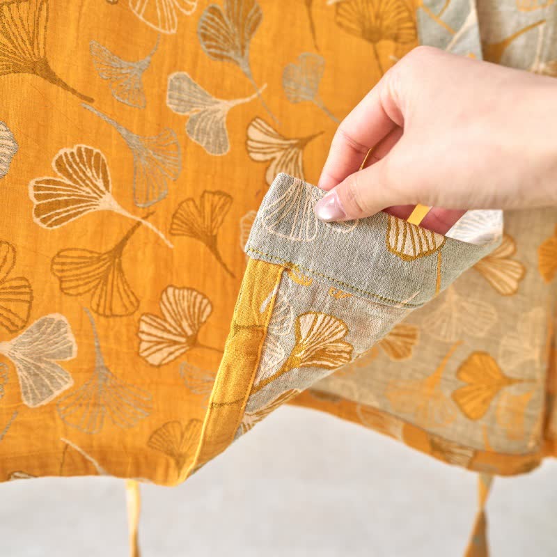 Cotton Gauze Kimono Robe with Ginkgo Leaf Pattern