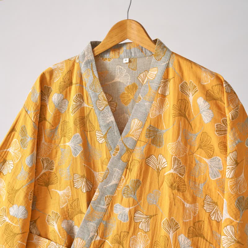 Cotton Gauze Kimono Robe with Ginkgo Leaf Pattern