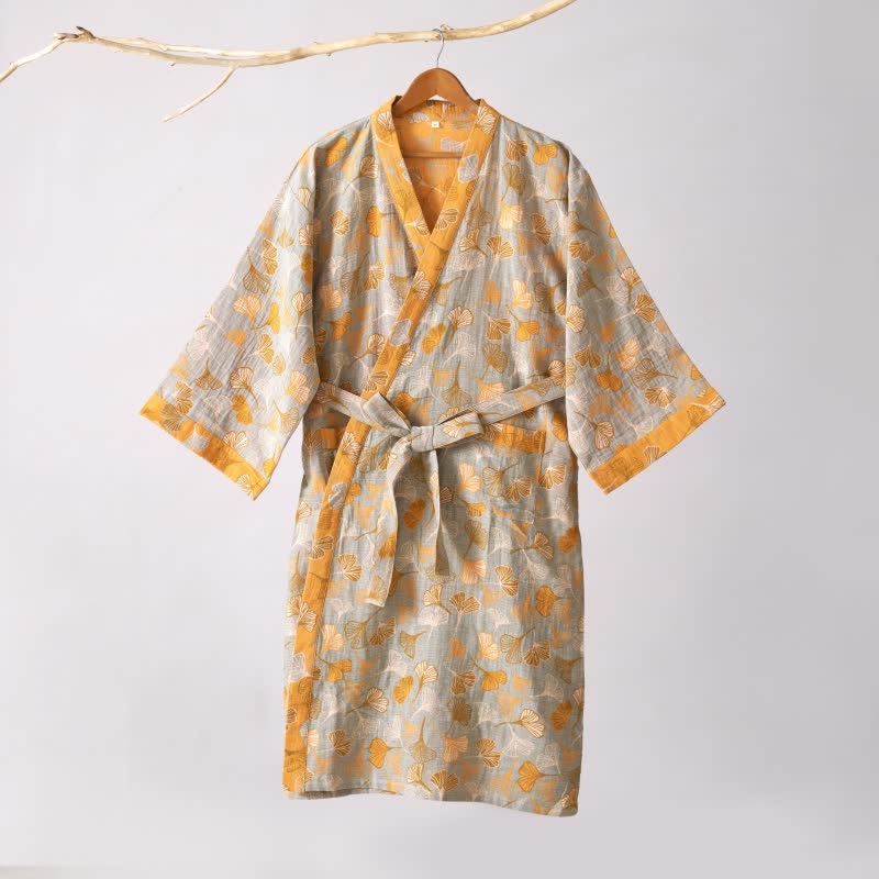 Cotton Gauze Kimono Robe with Ginkgo Leaf Pattern