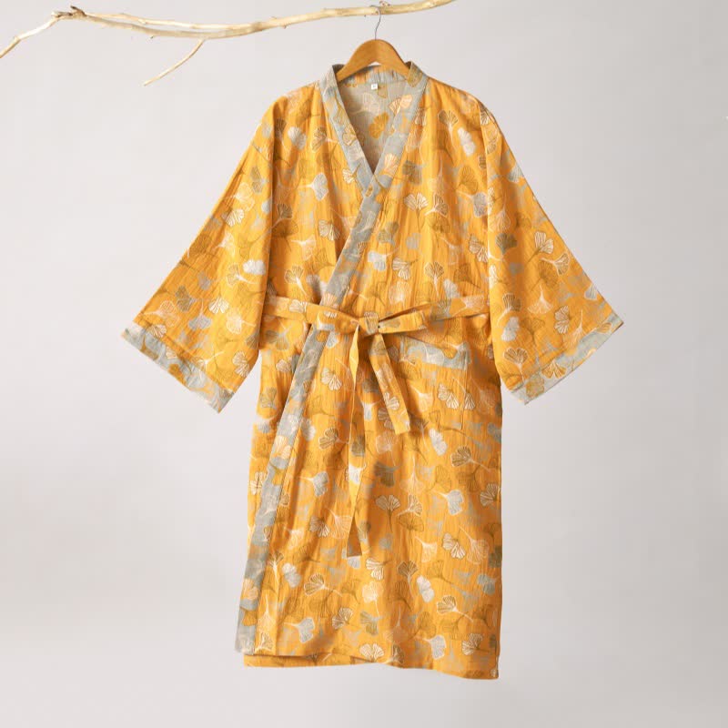 Cotton Gauze Kimono Robe with Ginkgo Leaf Pattern