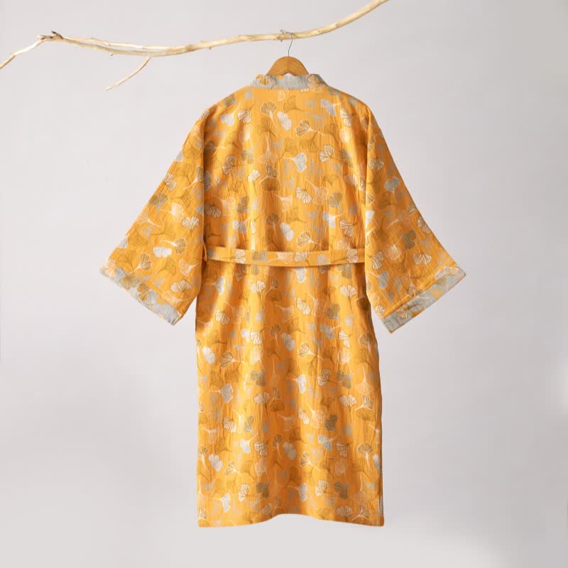 Cotton Gauze Kimono Robe with Ginkgo Leaf Pattern