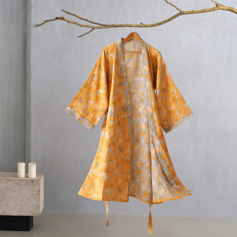 Cotton Gauze Kimono Robe with Ginkgo Leaf Pattern