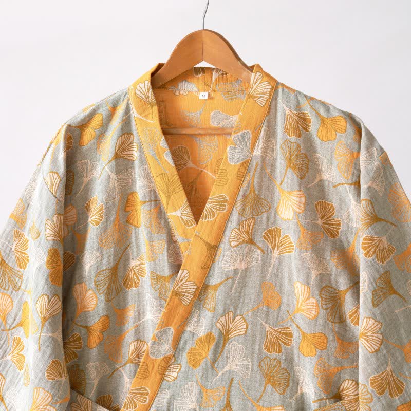 Cotton Gauze Kimono Robe with Ginkgo Leaf Pattern