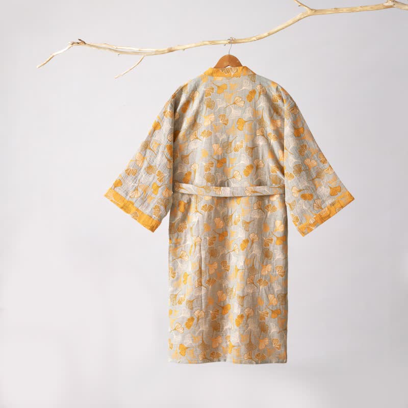 Cotton Gauze Kimono Robe with Ginkgo Leaf Pattern