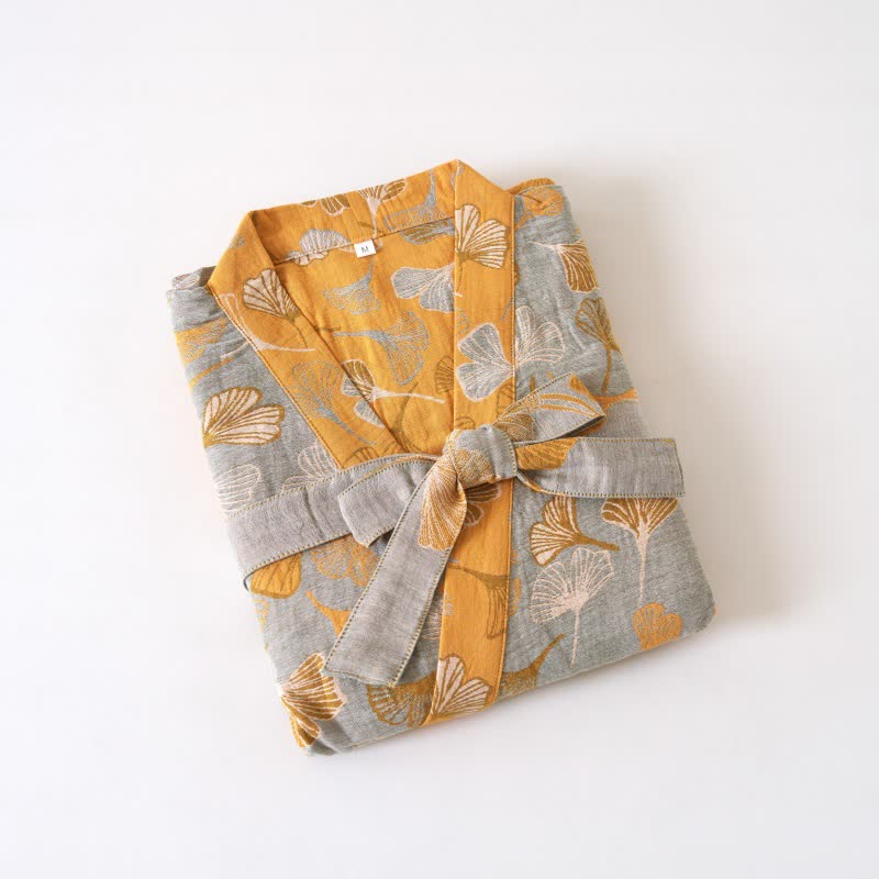 Cotton Gauze Kimono Robe with Ginkgo Leaf Pattern