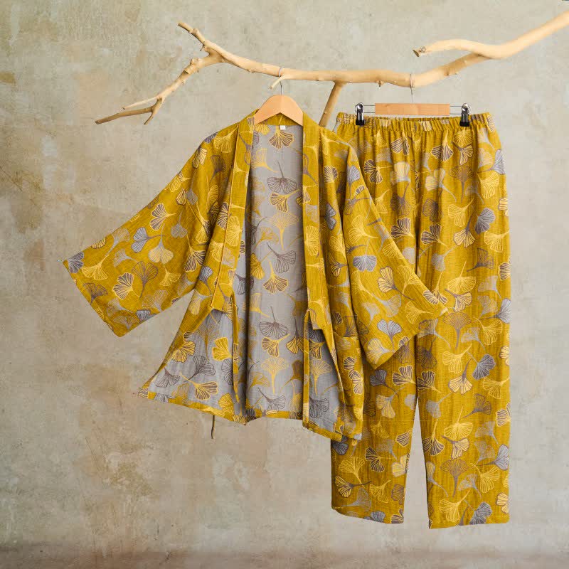 Cotton Gauze Kimono Loungewear Set with Ginkgo Pattern