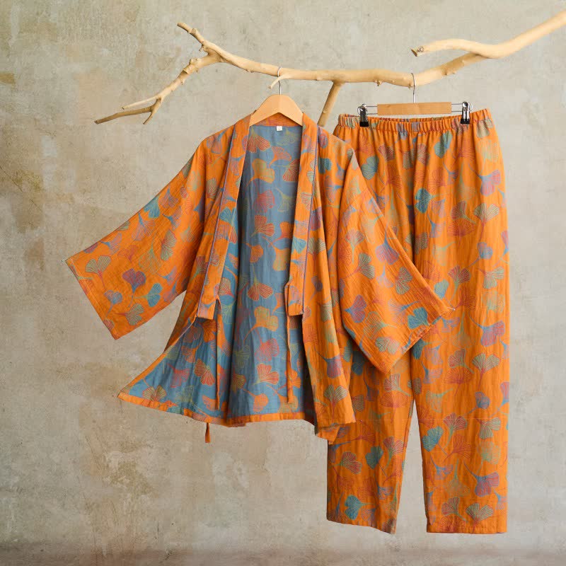 Cotton Gauze Kimono Loungewear Set with Ginkgo Pattern
