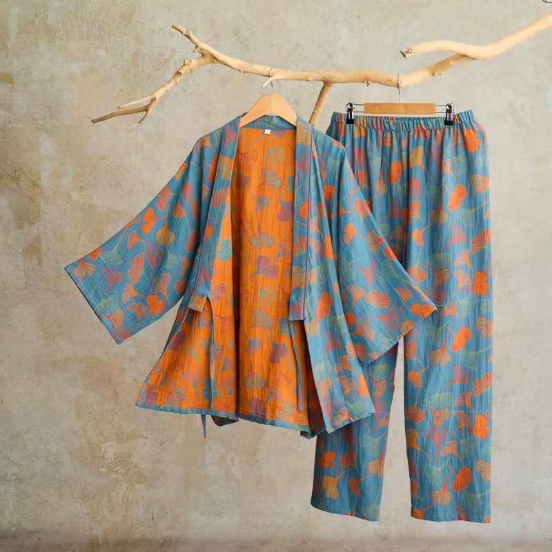 Cotton Gauze Kimono Loungewear Set with Ginkgo Pattern