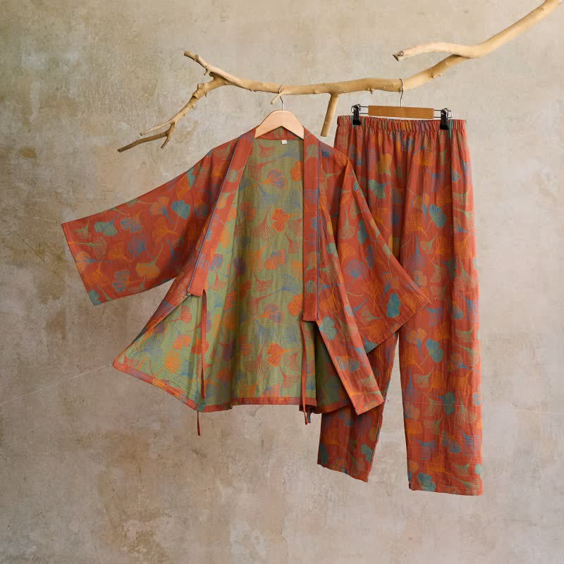 Cotton Gauze Kimono Loungewear Set with Ginkgo Pattern