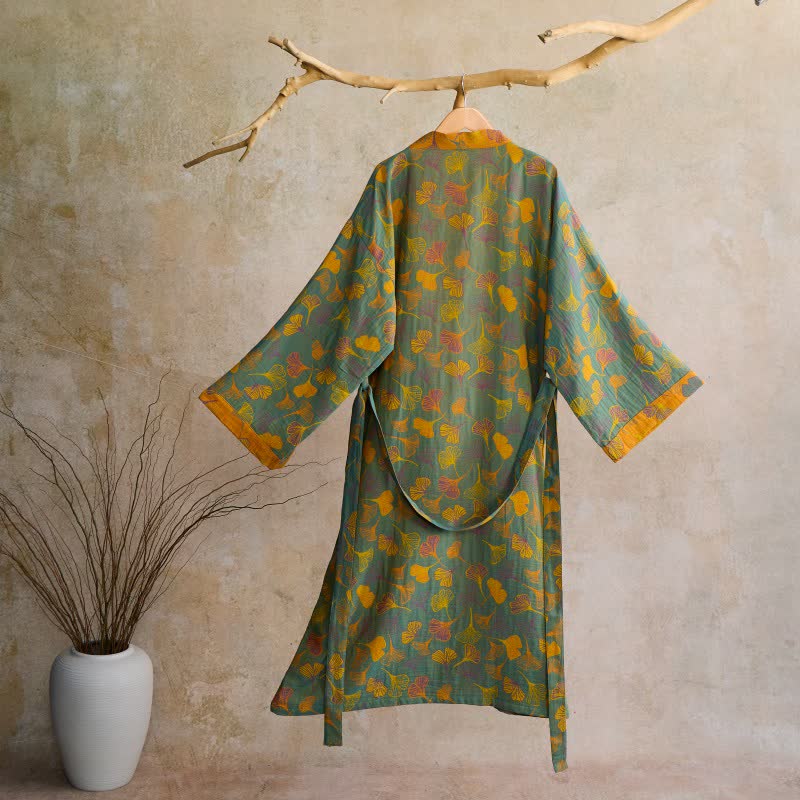 Cotton Gauze Kimono Robe with Ginkgo Leaf Pattern