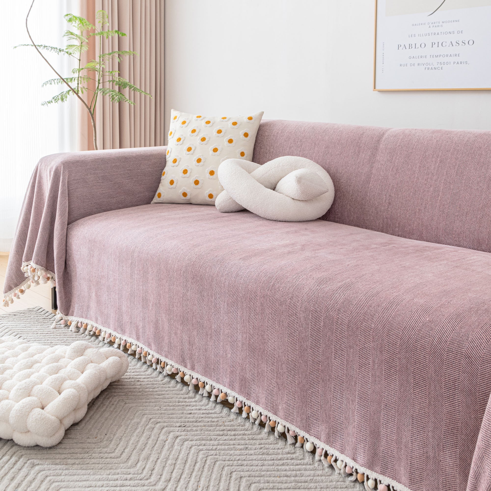 Herringbone Tassel Chenille Sofa Cover for Pet Friendly Homes