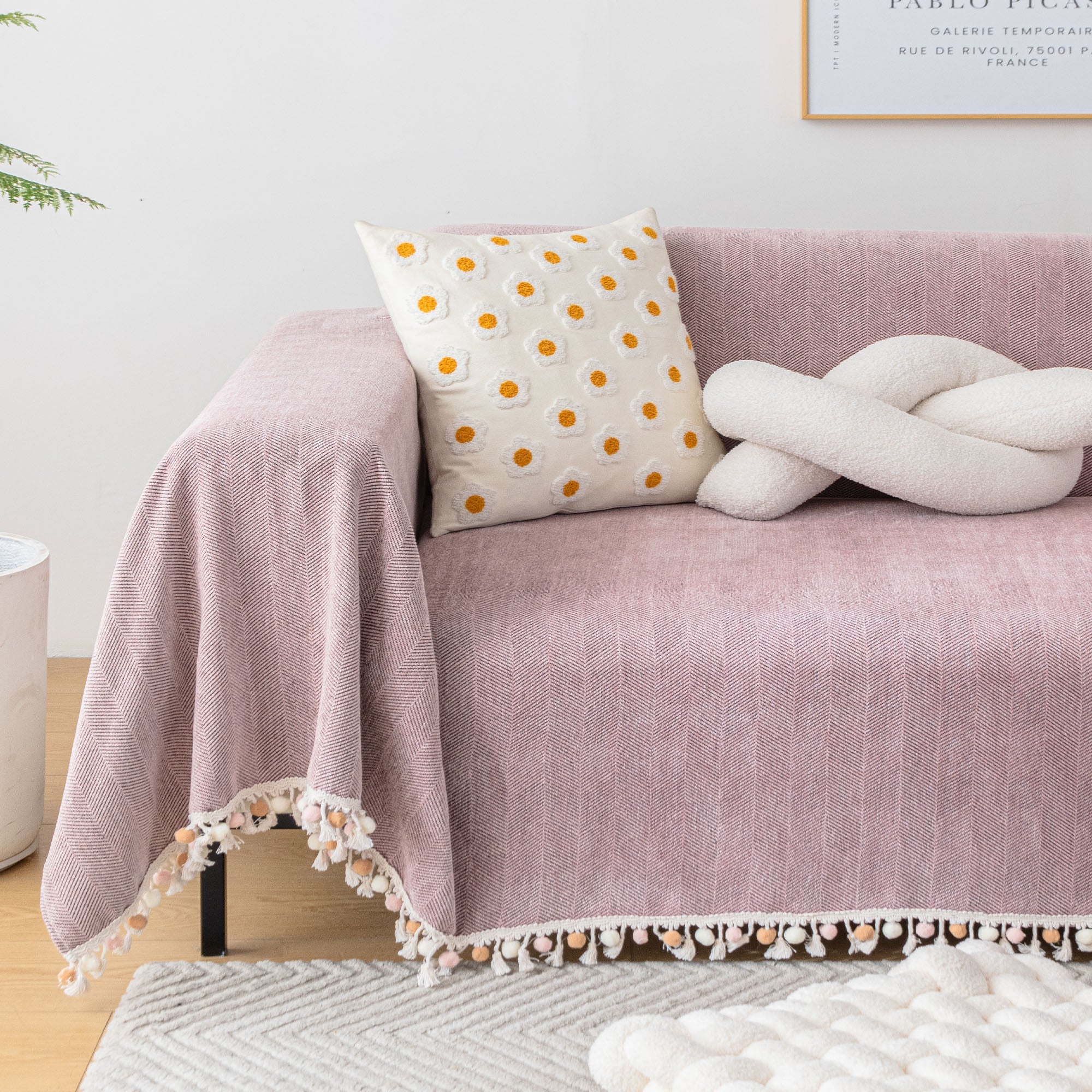 Herringbone Tassel Chenille Sofa Cover for Pet Friendly Homes