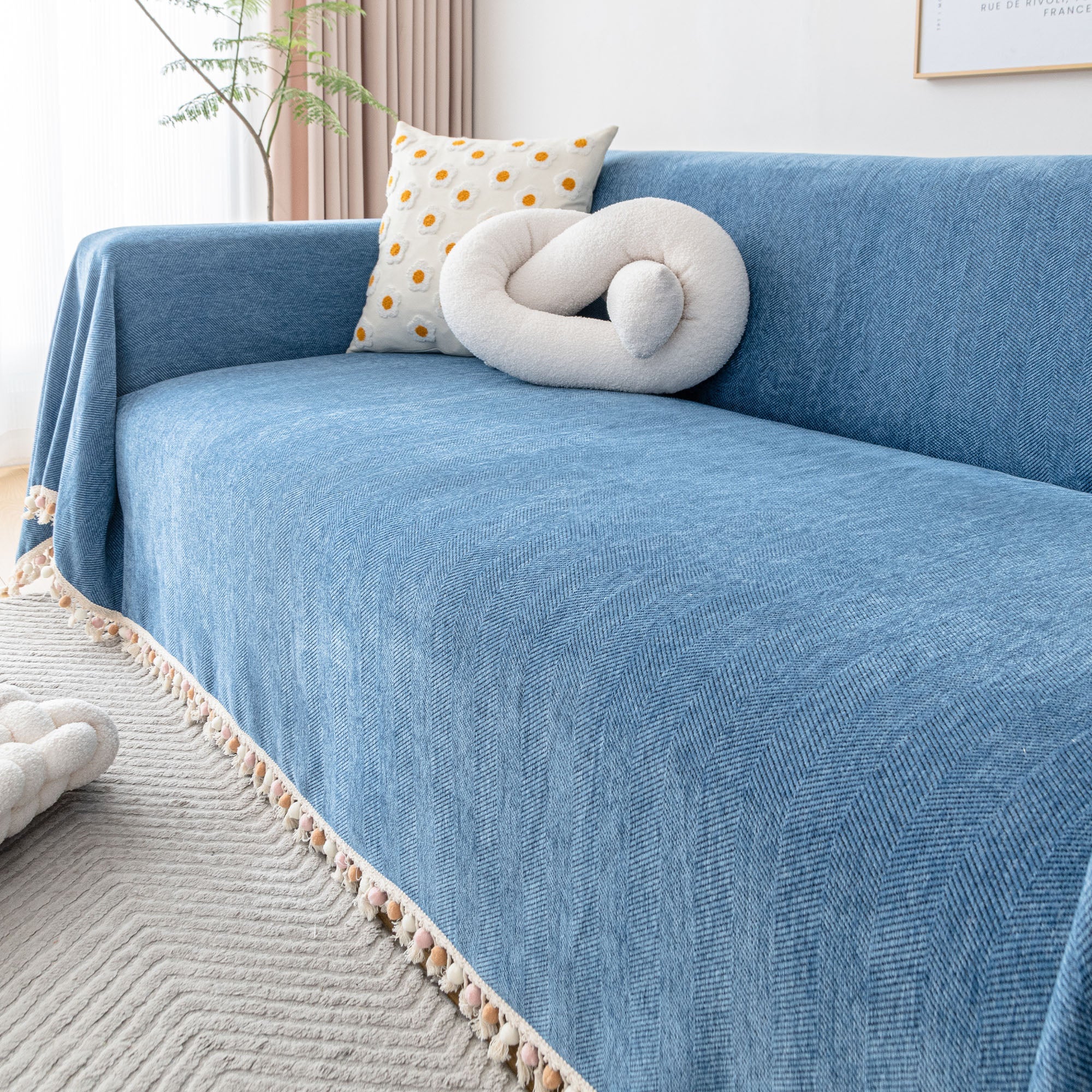 Herringbone Tassel Chenille Sofa Cover for Pet Friendly Homes